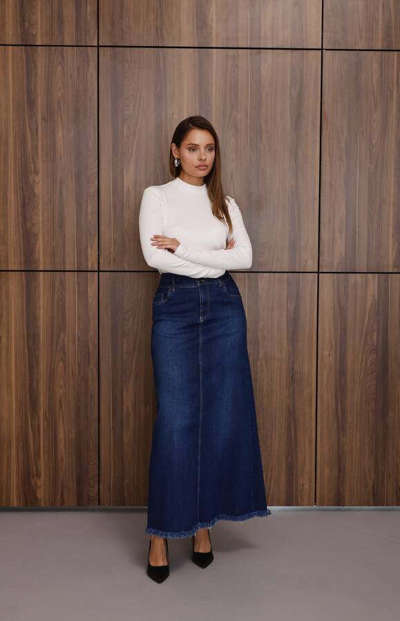 2252-Denim Ara Boy Püsküllü Etek Koyu Mavi