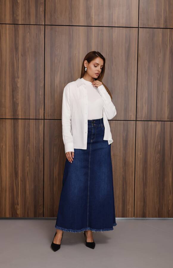 2252-Denim Ara Boy Püsküllü Etek Koyu Mavi