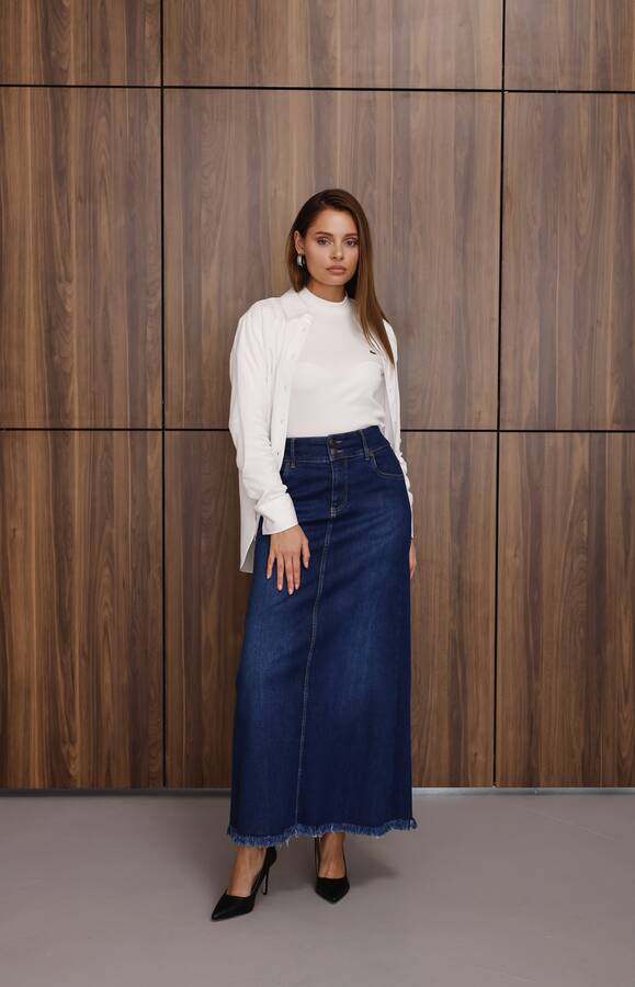 2252-Denim Ara Boy Püsküllü Etek Koyu Mavi