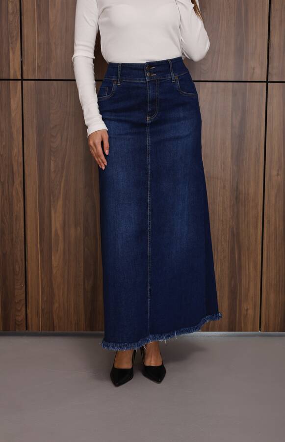 2252-Denim Ara Boy Püsküllü Etek Koyu Mavi