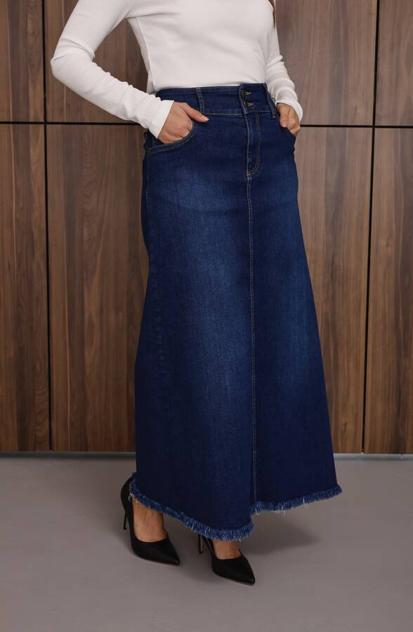 2252-Denim Ara Boy Püsküllü Etek Koyu Mavi