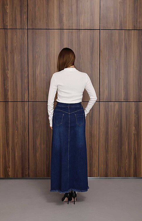 2252-Denim Ara Boy Püsküllü Etek Koyu Mavi - 6