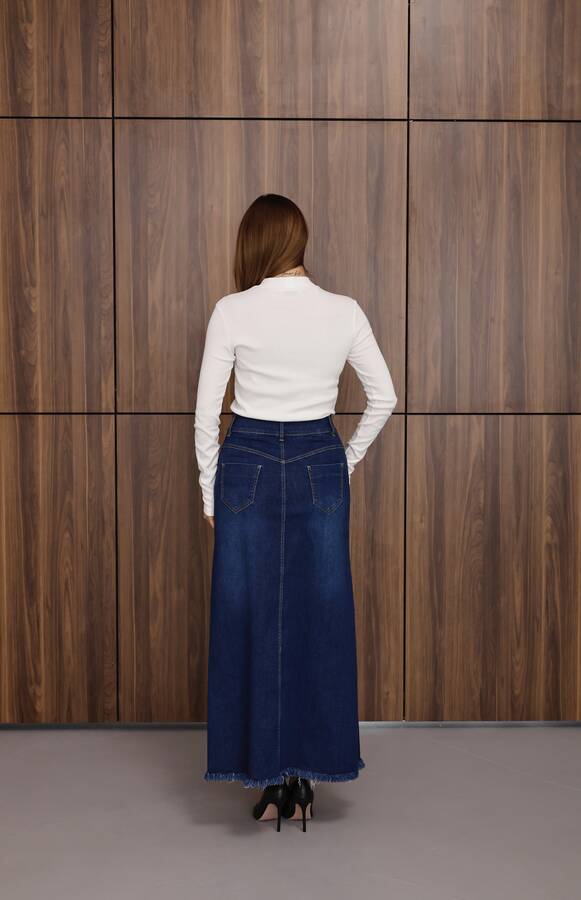 2252-Denim Ara Boy Püsküllü Etek Koyu Mavi
