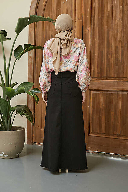 2252-Denim Eteği Püsküllü Etek Blue Black - 2