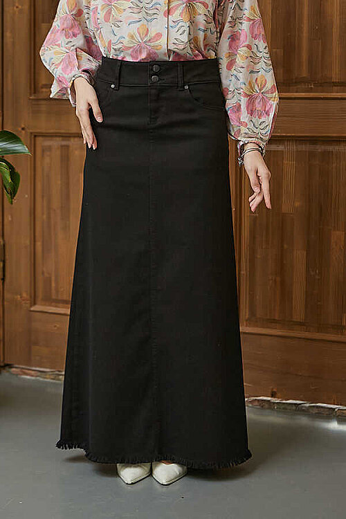 2252-Denim Eteği Püsküllü Etek Blue Black - 3