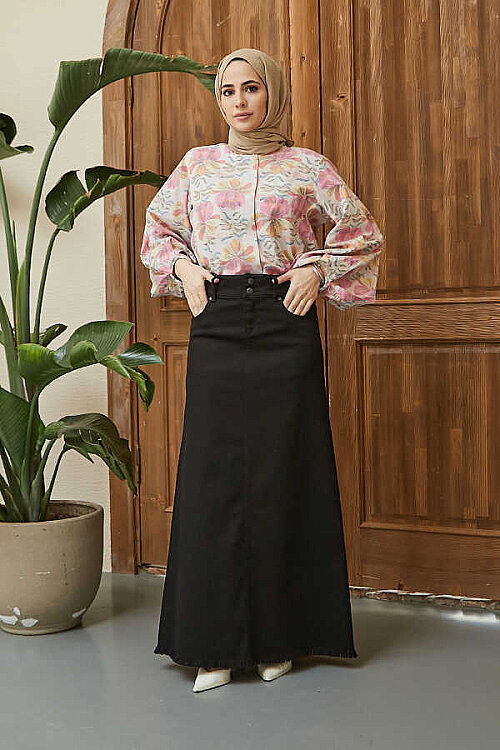 2252-Denim Eteği Püsküllü Etek Blue Black - 5