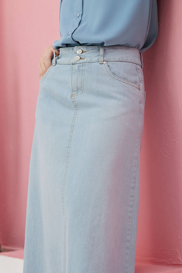2252-Denim Püsküllü Etek Açık Mavi