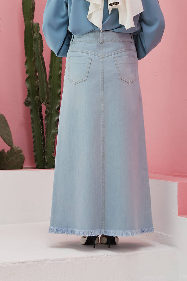 2252-Denim Püsküllü Etek Açık Mavi