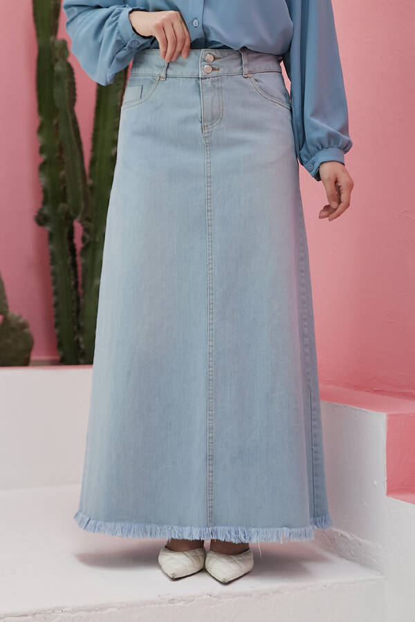 2252-Denim Püsküllü Etek Açık Mavi