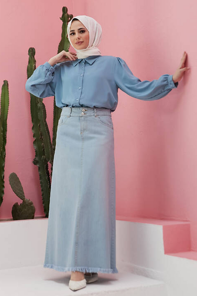 Neways - 2252-Denim Püsküllü Etek Açık Mavi