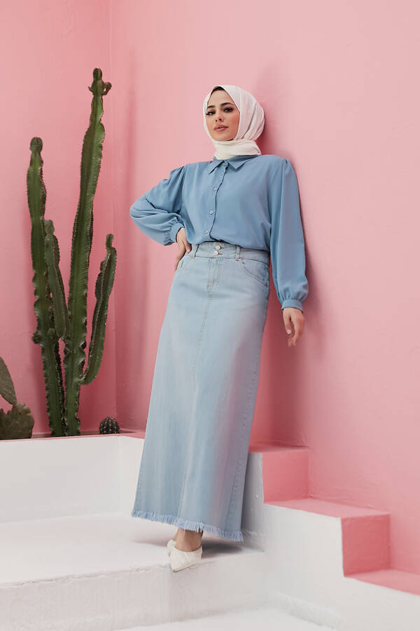 2252-Denim Püsküllü Etek Açık Mavi