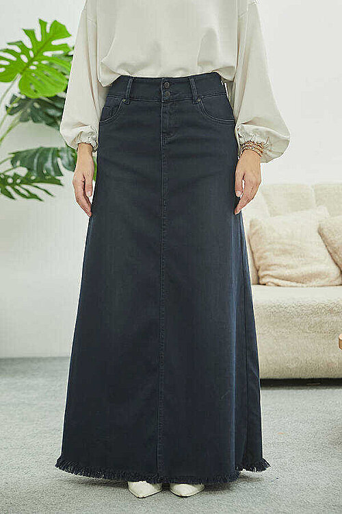 2252-Denim Püsküllü Etek İndigo - 3