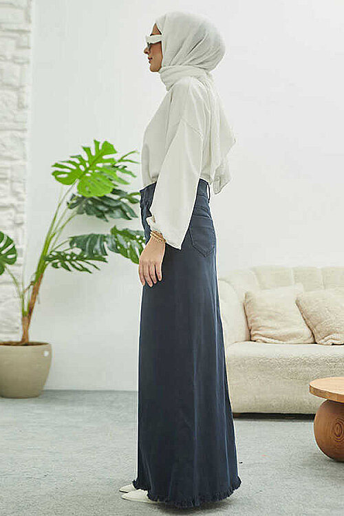 2252-Denim Püsküllü Etek İndigo - 2