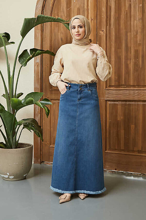 2252-Denim Püsküllü Etek Koyu Mavi - 2