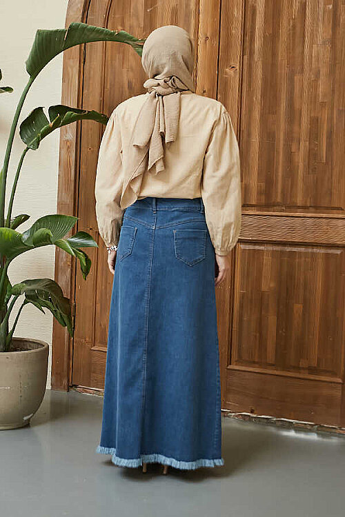 2252-Denim Püsküllü Etek Koyu Mavi - 4