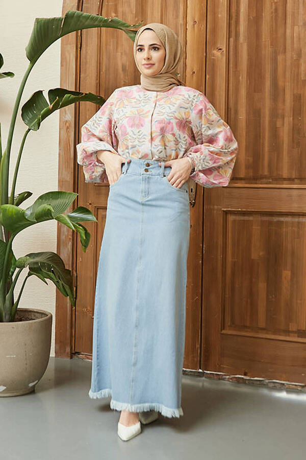2252-Denim Püsküllü Etek Mavi