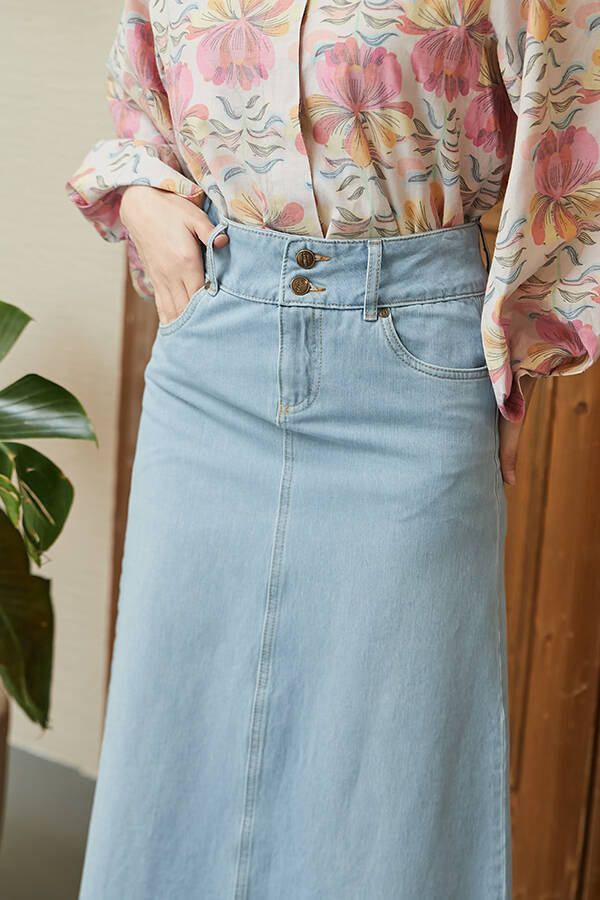 2252-Denim Püsküllü Etek Mavi