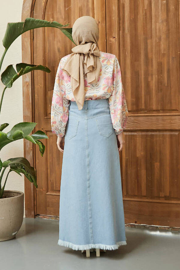 2252-Denim Püsküllü Etek Mavi