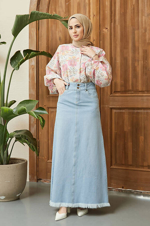 2252-Denim Püsküllü Etek Mavi
