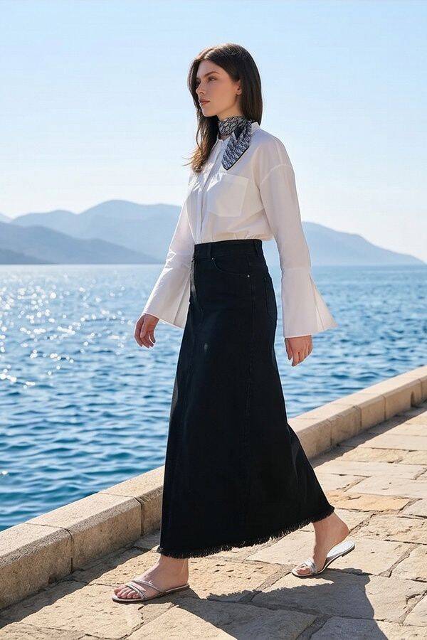 2252-Denim Püsküllü Etek Siyah