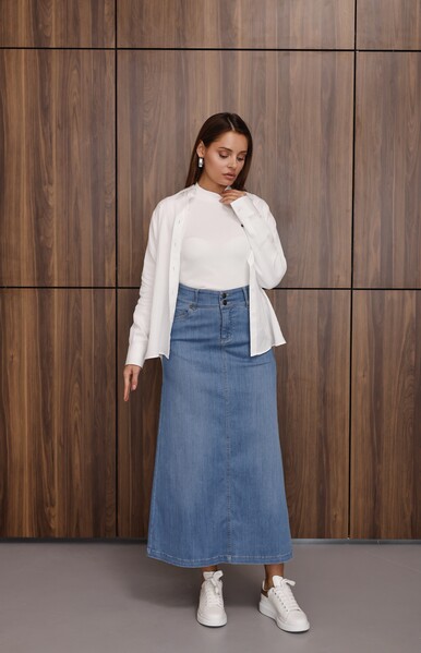 Neways - 2254-Denim Ara Boy Klasik Etek Mavi