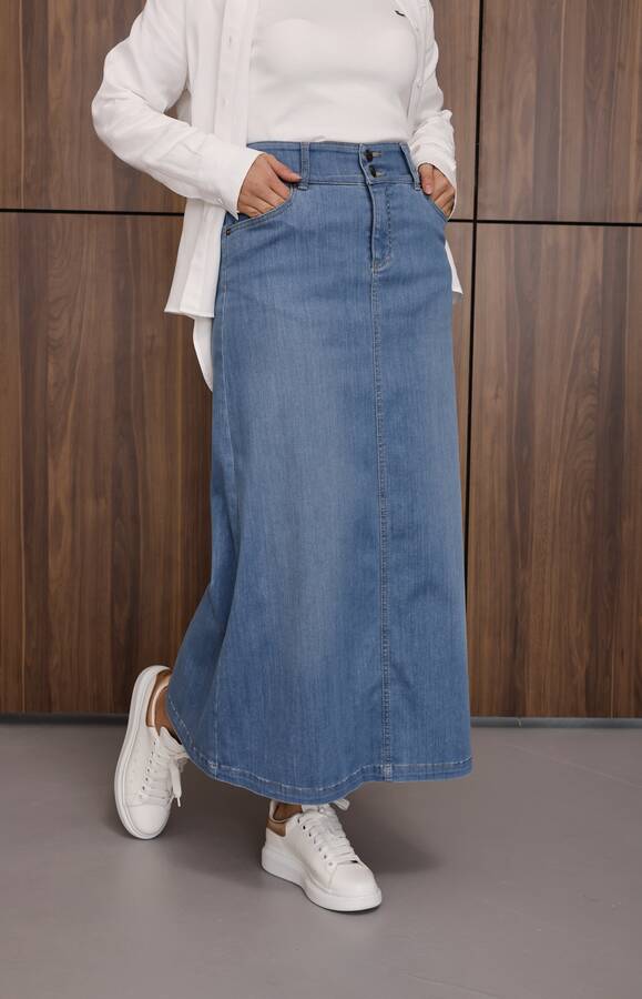 2254-Denim Ara Boy Klasik Etek Mavi