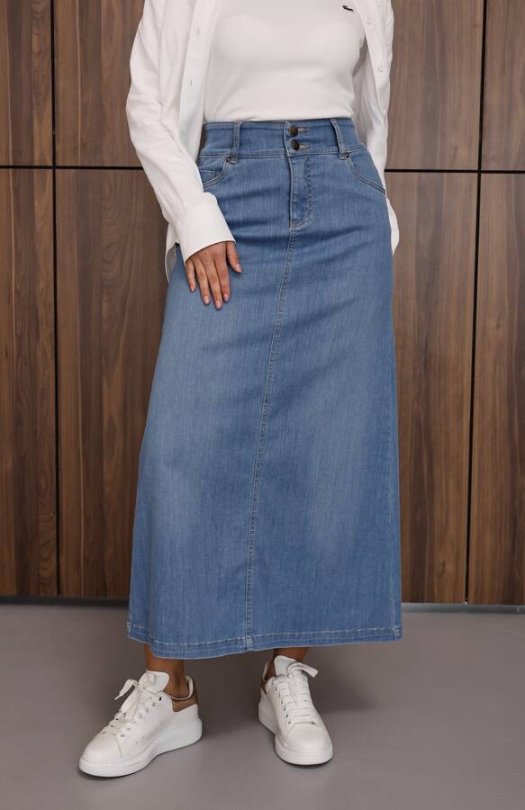 2254-Denim Ara Boy Klasik Etek Mavi