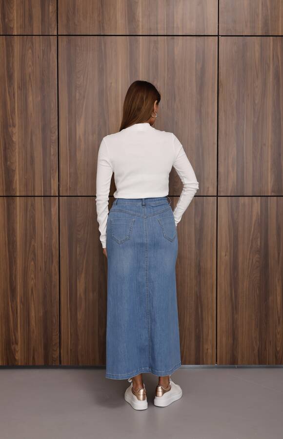 2254-Denim Ara Boy Klasik Etek Mavi