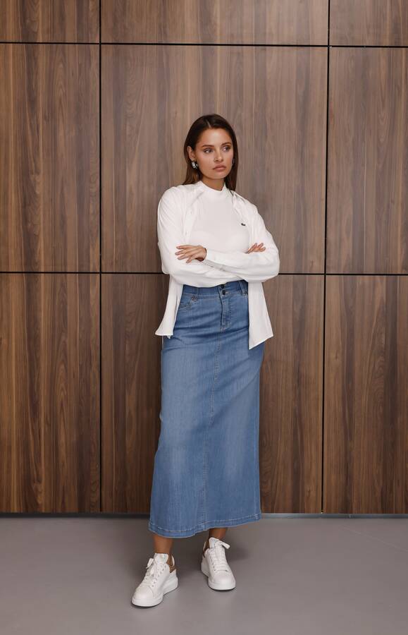 2254-Denim Ara Boy Klasik Etek Mavi