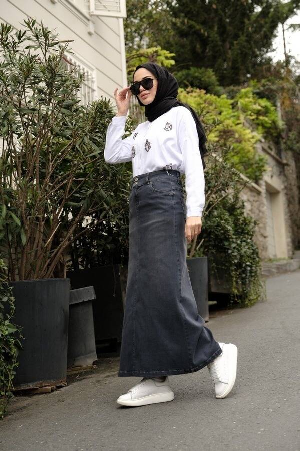 2254-Denim Klasik Etek Füme