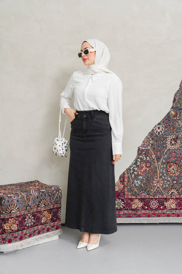2254-Denim Klasik Etek Füme