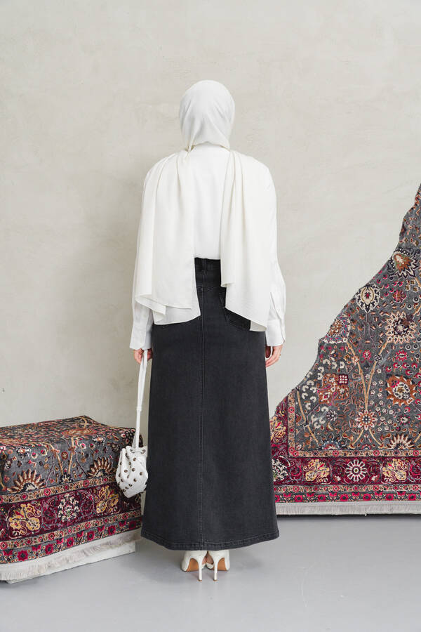 2254-Denim Klasik Etek Füme