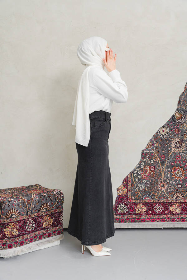 2254-Denim Klasik Etek Füme