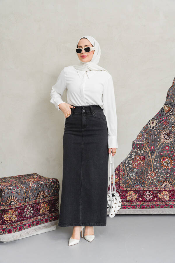 2254-Denim Klasik Etek Füme