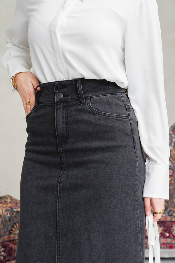 2254-Denim Klasik Etek Füme