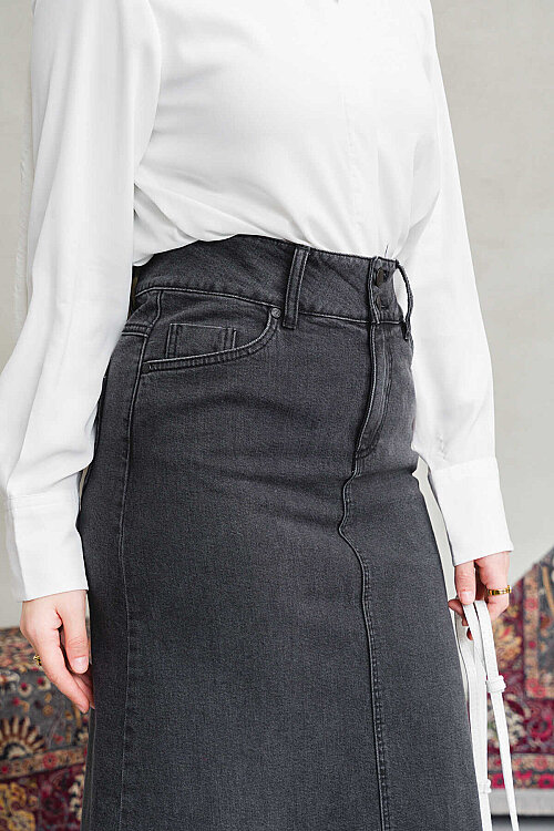 2254-Denim Klasik Etek Füme - 9