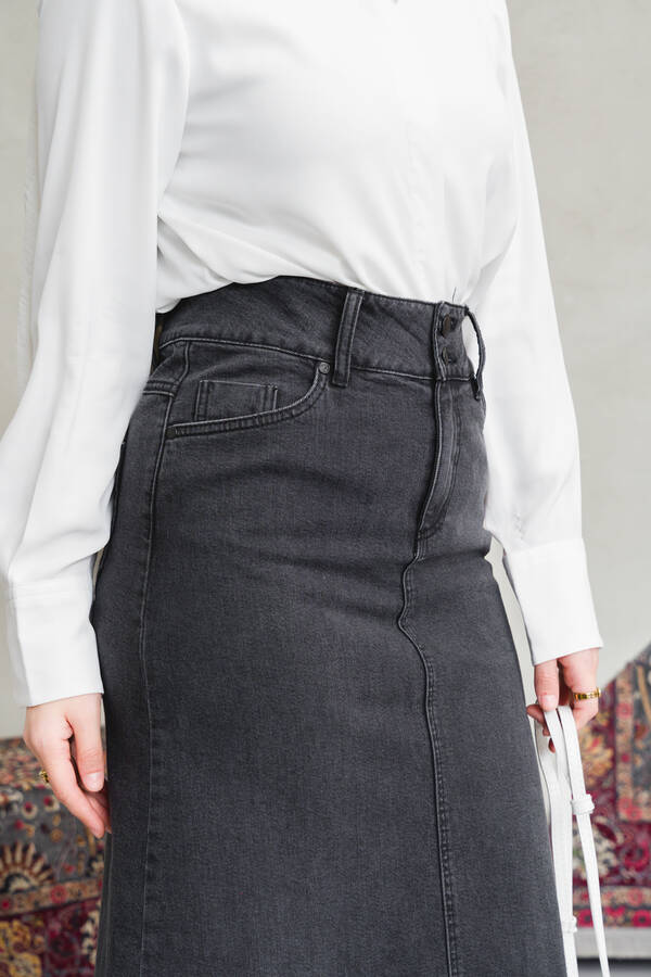 2254-Denim Klasik Etek Füme