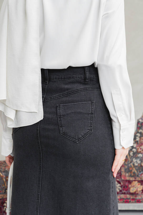 2254-Denim Klasik Etek Füme