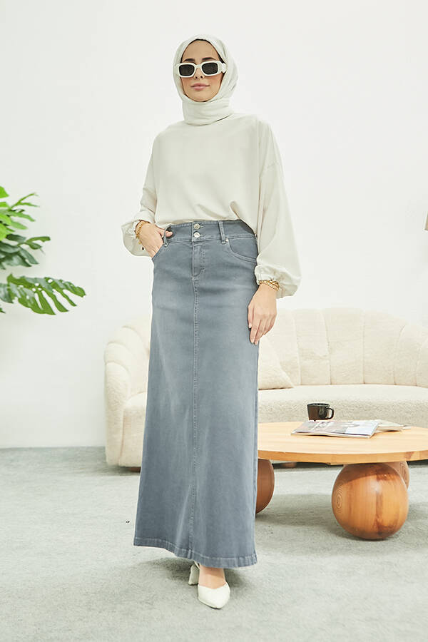 2254-Denim Klasik Etek Gri
