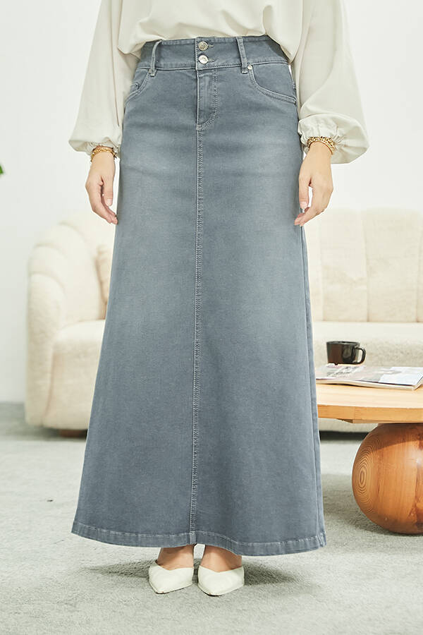 2254-Denim Klasik Etek Gri