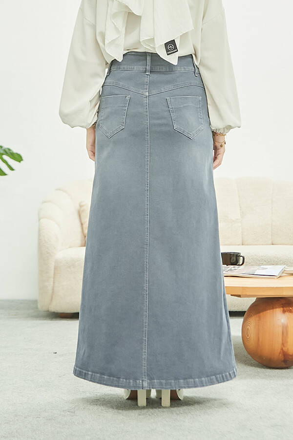2254-Denim Klasik Etek Gri