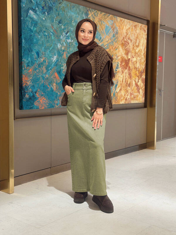 2254-Denim Klasik Etek Haki