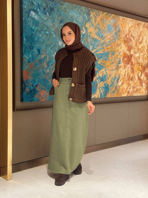 2254-Denim Klasik Etek Haki