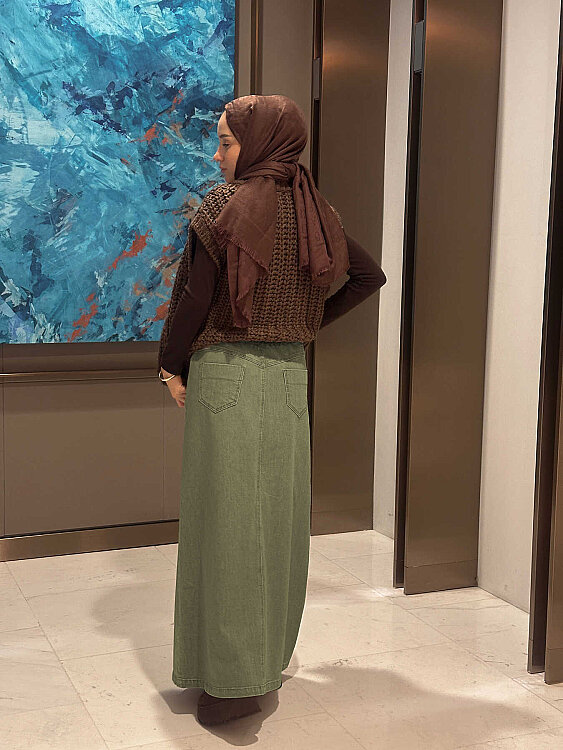 2254-Denim Klasik Etek Haki - 9