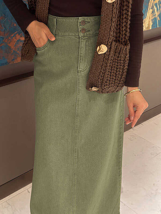 2254-Denim Klasik Etek Haki - 8