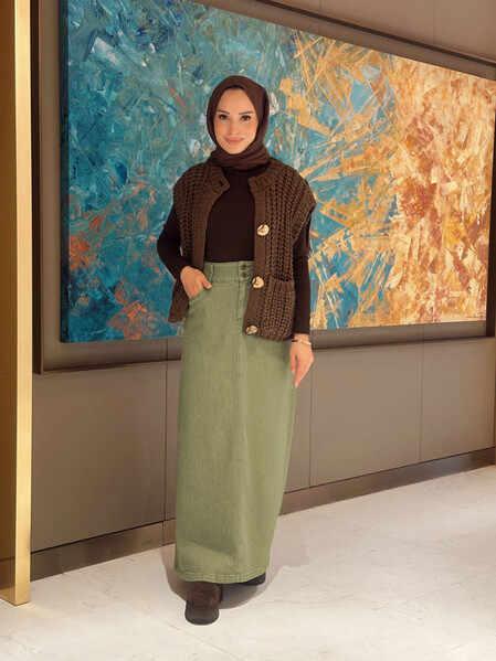 Neways - 2254-Denim Klasik Etek Haki