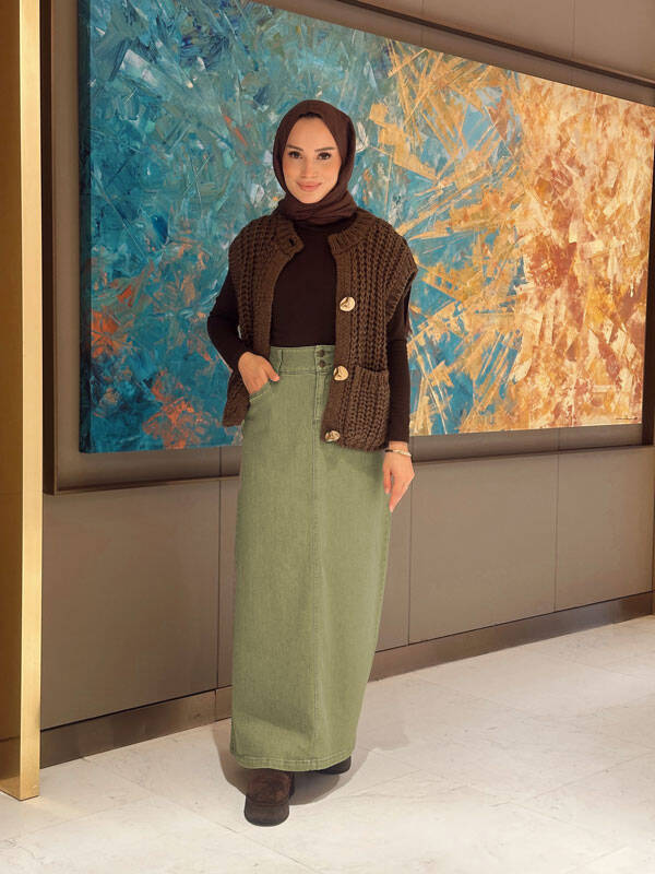 2254-Denim Klasik Etek Haki