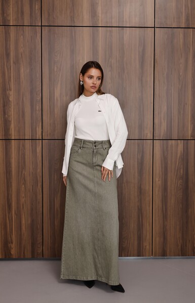 Neways - 2254-Denim Klasik Etek Haki