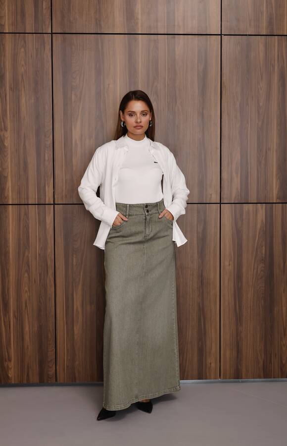 2254-Denim Klasik Etek Haki