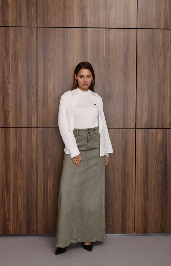 2254-Denim Klasik Etek Haki